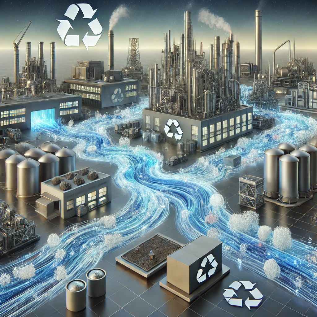 DALL·E 2024-12-18 11.07.20 - A realistic and futuristic depiction of interconnected plastic material flows for recycling, emphasizing technical plastics. At the center is a high-t